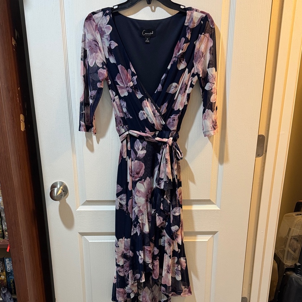 Connected Apparel Floral Wrap Midi Dress - Navy and Pink
